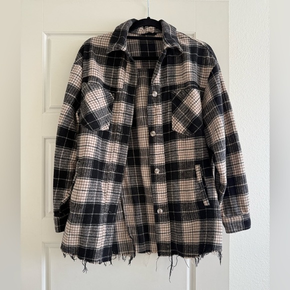 Akair Tops - Women’s Akair Button Down Black and Cream Long Sleeve Flannel
